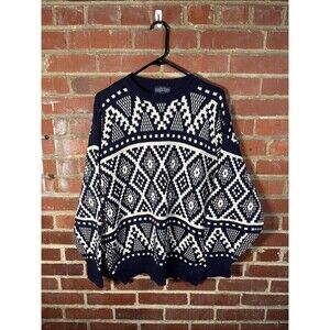 Vintage 90s Lands’ End Nordic Pattern Pull Over Sweater Made In USA Mens Large